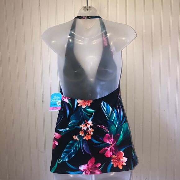 SWIM SOLUTIONS Retail $72 Black Floral Printed Tiered Halter Tankini Top Size 12 - Picture 4 of 5